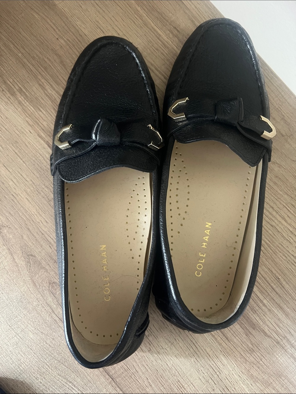 Cole Haan Black Leather Loafers with Gold Buckle Detail